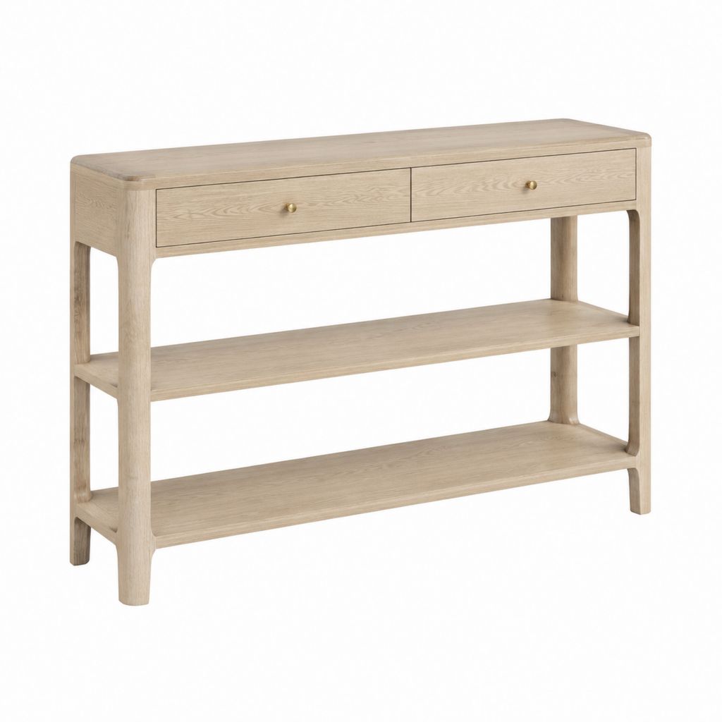 Consolle da ingresso in quercia naturale rettangolare con 2 cassetti e 2 ripiani 120 x 40 x 85 cm