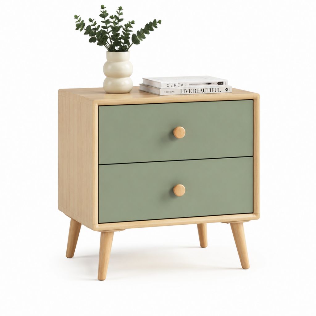 Comodino rettangolare a 2 cassetti verde salvia e naturale in MDF impiallacciato frassino 60 x 40 x 65 cm