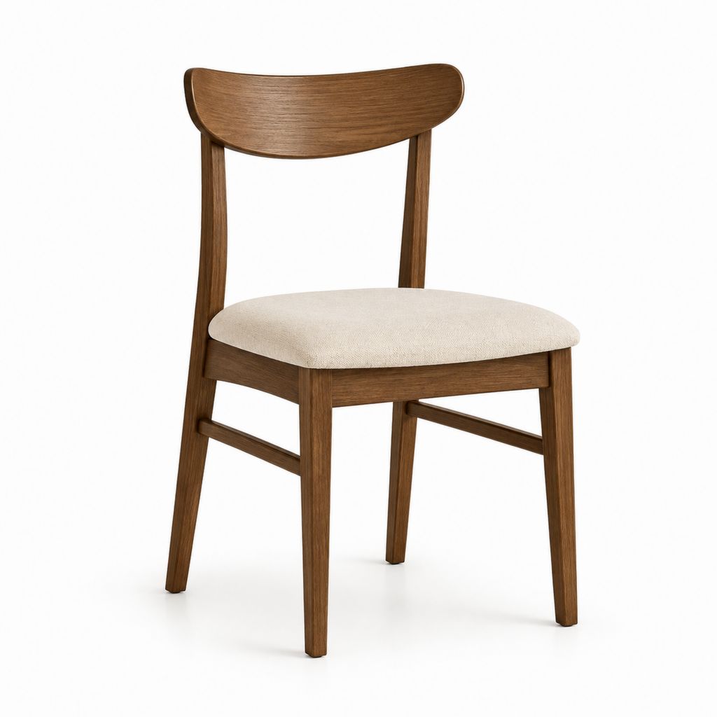 Sedia da pranzo marrone in legno massello con seduta imbottita beige e schienale curvo 46 x 54 x 82 cm