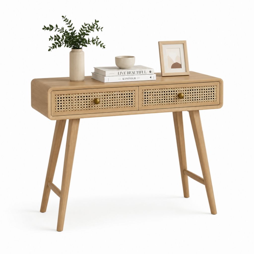 Consolle da ingresso in legno massello naturale con 2 cassetti in rattan 100 x 35 x 80 cm