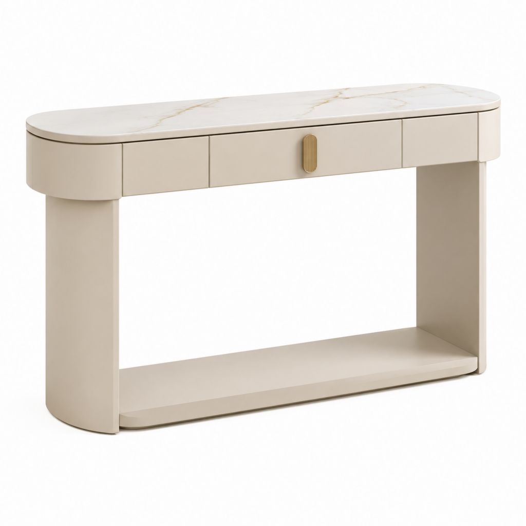 Consolle da ingresso beige in MDF con piano effetto marmo ovale 120 x 40 x 80 cm