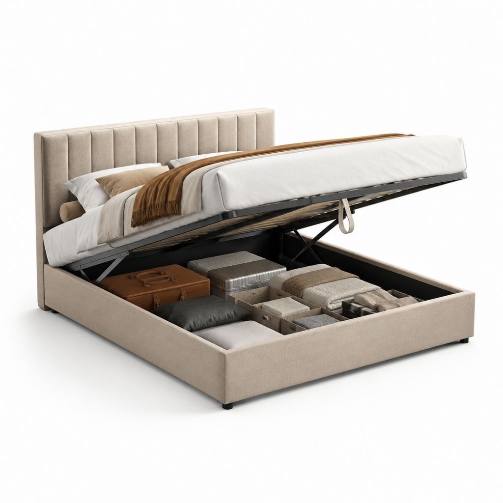 Letto contenitore matrimoniale beige in poliestere con testiera imbottita 160 x 200 cm