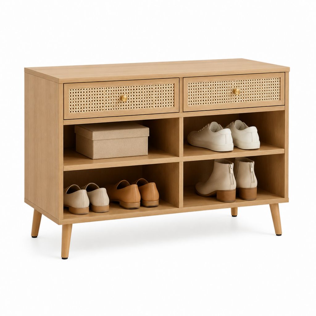 Scarpiera mobile ingresso rovere naturale in truciolare e rattan rettangolare con 2 cassetti e 4 vani 100 x 35 x 85 cm