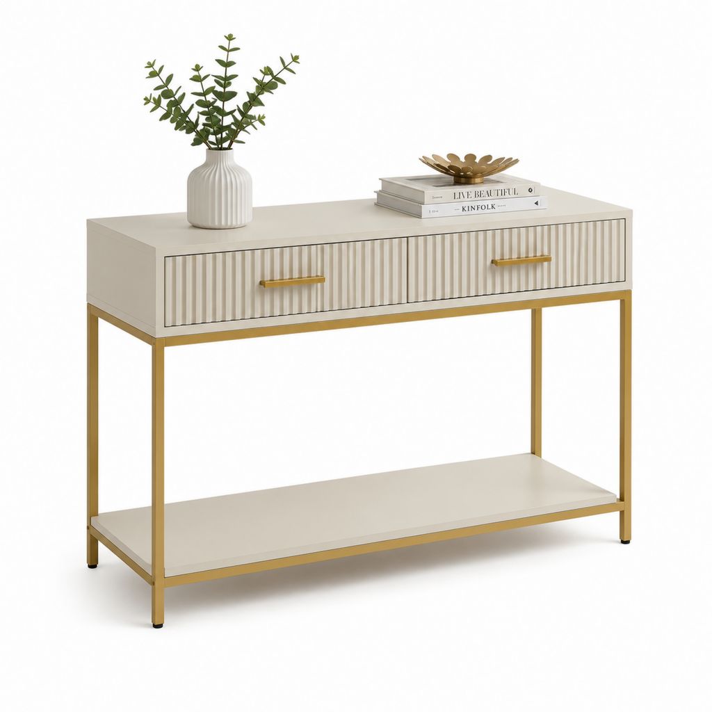 Consolle da ingresso con 2 cassetti beige e oro in MDF e acciaio 120 x 35 x 80 cm