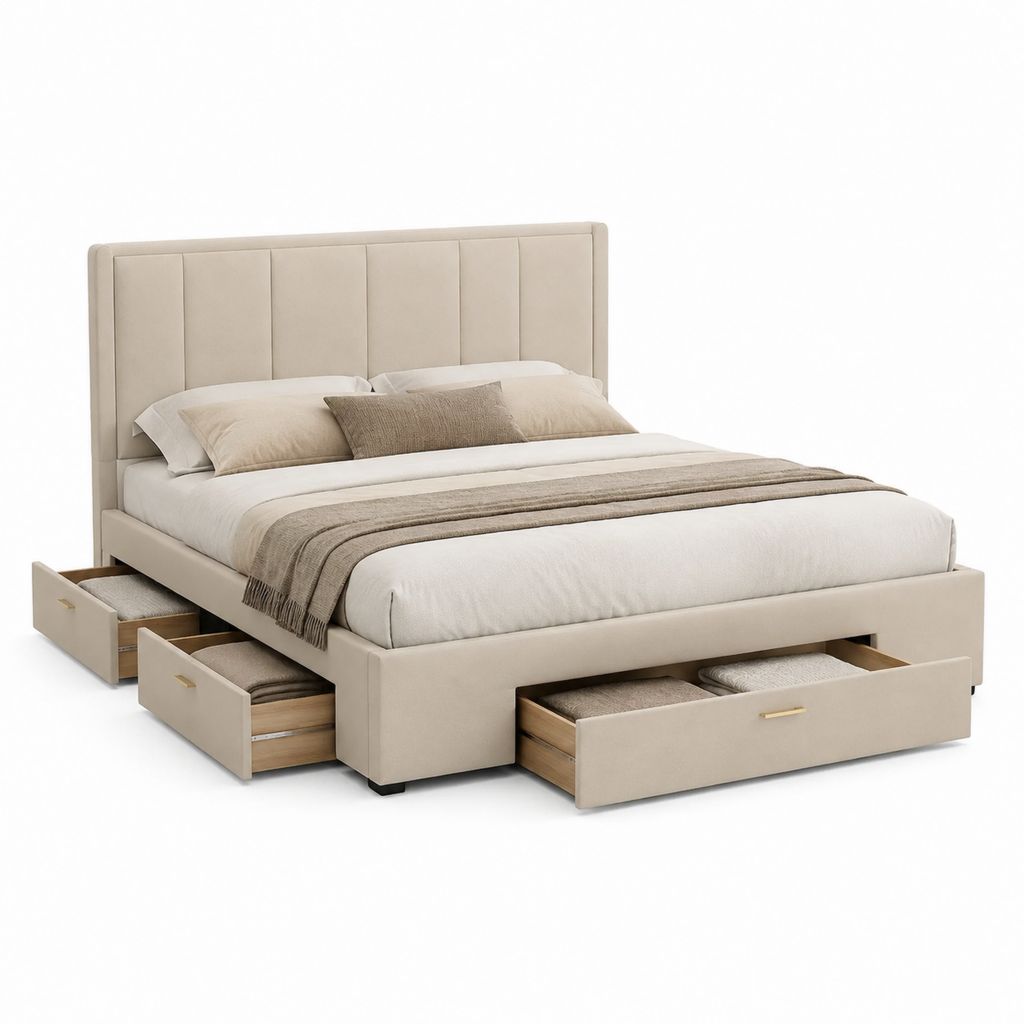 Letto contenitore matrimoniale imbottito beige in poliestere con 4 cassetti 160 x 200 cm