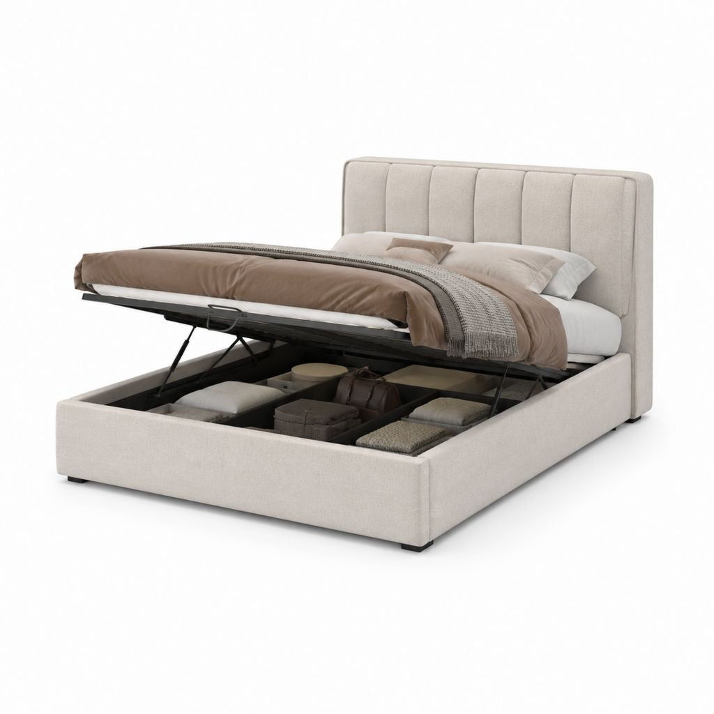 Letto contenitore matrimoniale beige in poliestere con testiera imbottita 160 x 200 cm