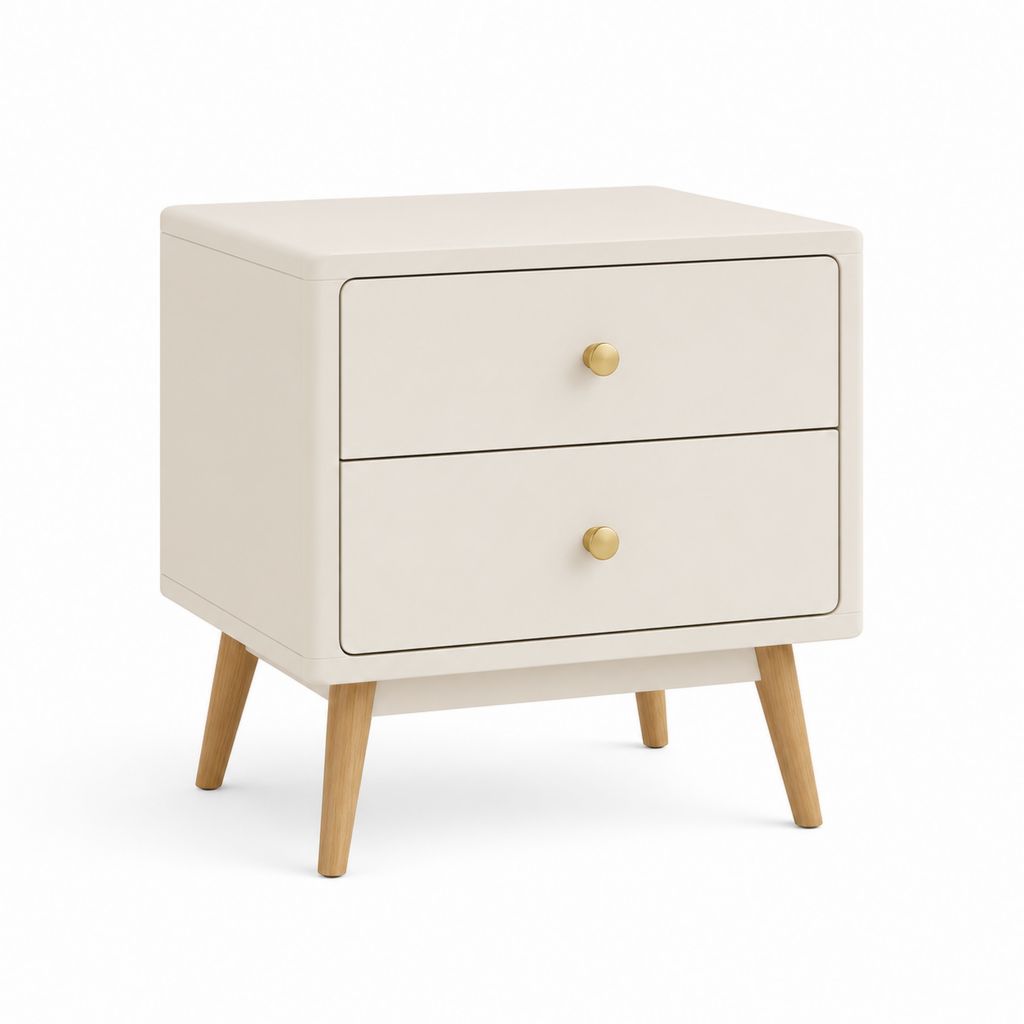 Comodino a 2 cassetti beige in MDF laccato con gambe in legno massello 60 x 40 x 60 cm