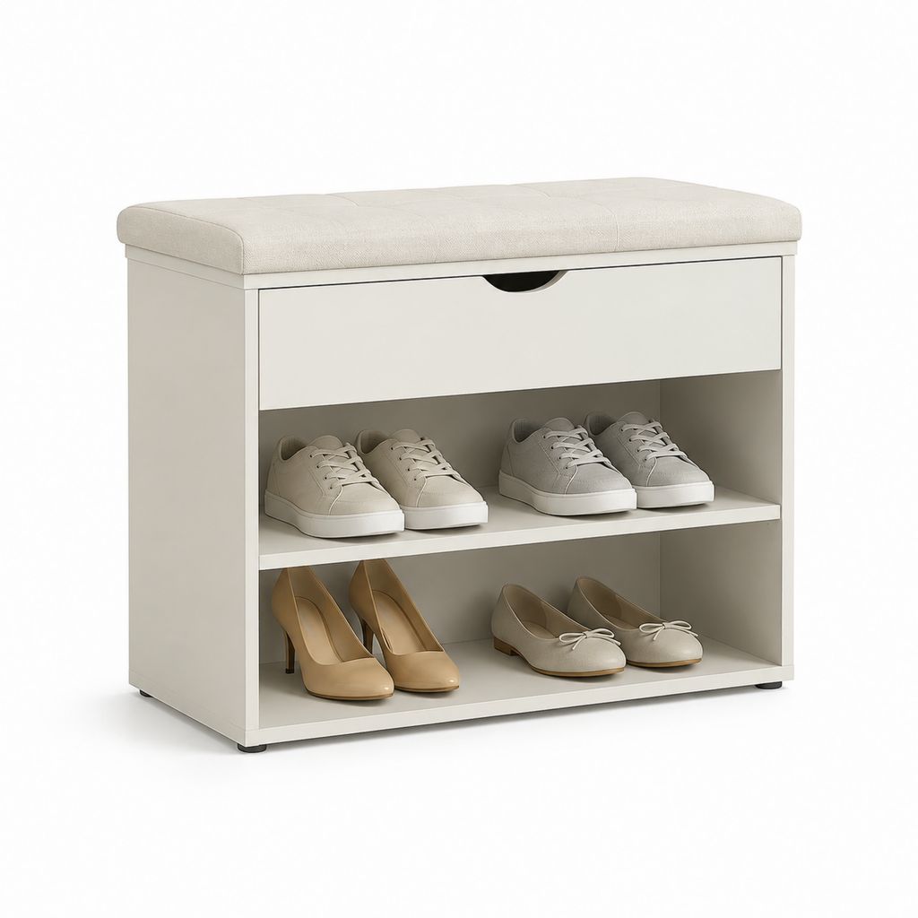 Scarpiera con panca imbottita bianca in MDF e poliestere rettangolare 80 x 30 x 50 cm