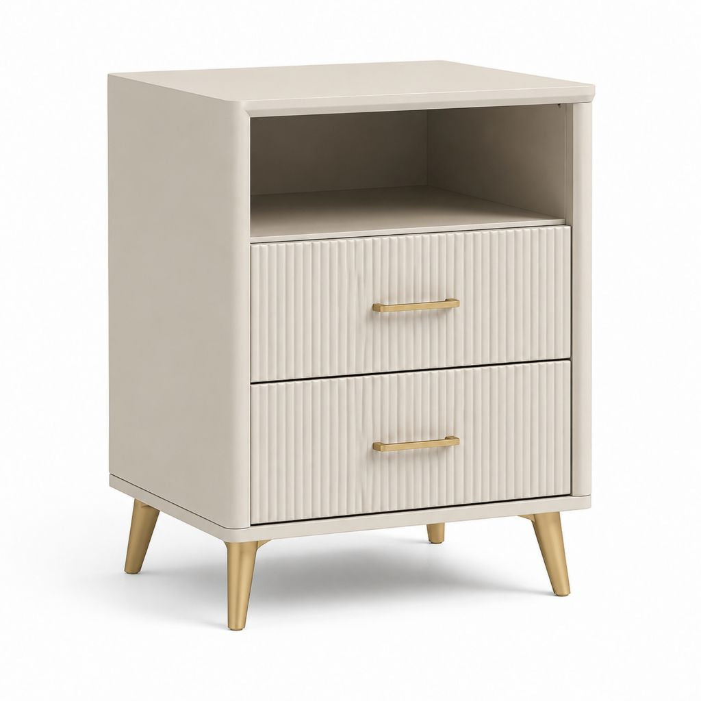 Comodino rettangolare bianco in pannelli MDF 50 x 40 x 65 cm con 2 cassetti e vano aperto