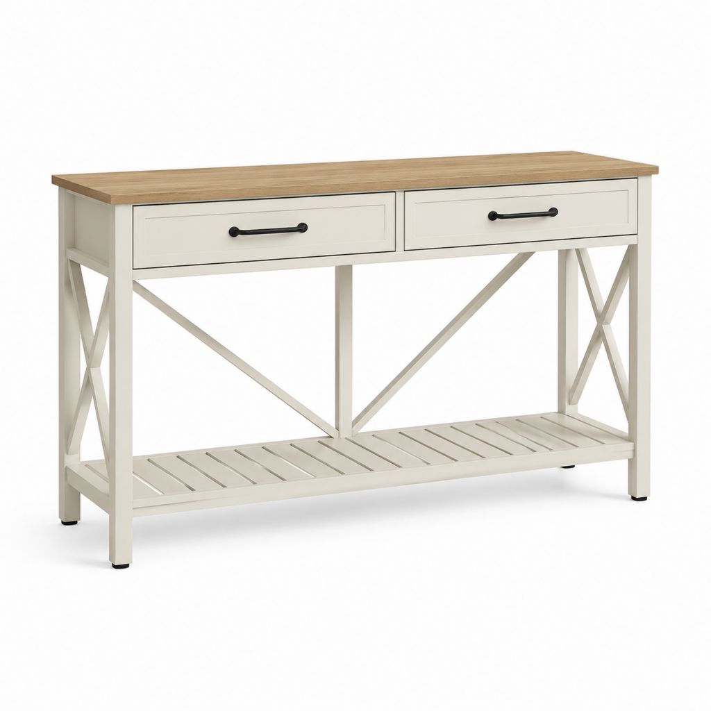 Consolle da ingresso rettangolare bianca in MDF con piano effetto rovere 120 x 40 x 80 cm