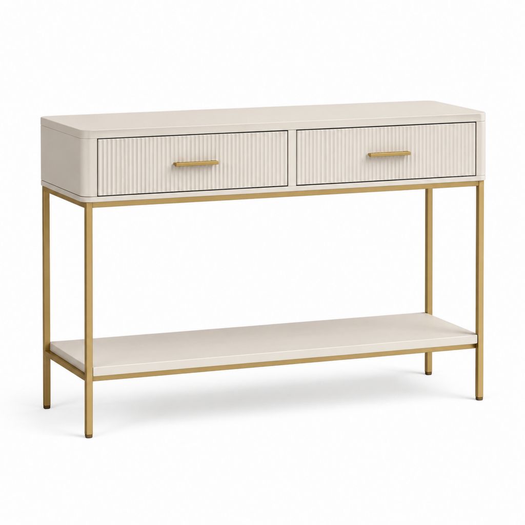 Consolle da ingresso bianco crema con 2 cassetti struttura in acciaio dorato 120 x 35 x 80 cm
