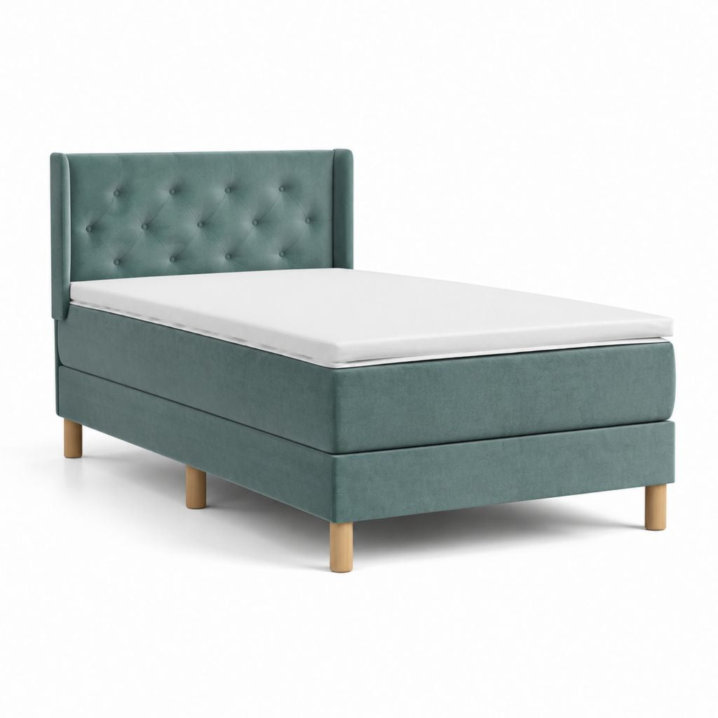 Letto a molle singolo verde petrolio in velluto di poliestere con testiera capitonné e materasso 90 x 200 cm